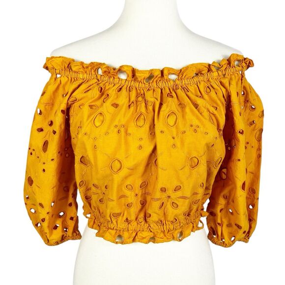 Walter Baker Mirelle Marigold Eyelet Off Shoulder Puff Sleeve Crop Top Large - Picture 3 of 9